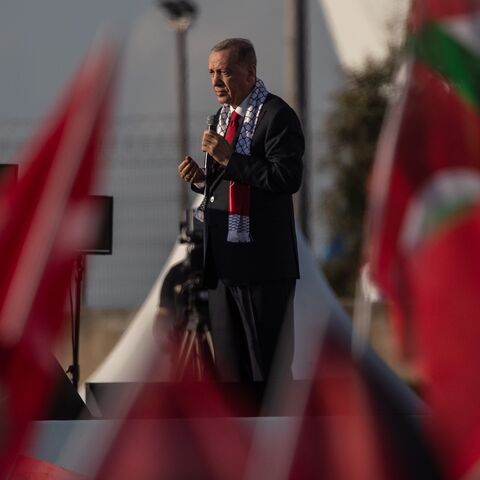 Turkey's president, Recep Tayyip Erdogan, speaks during a rally in solidarity with Palestinians in Gaza on Oct. 28, 2023, at Ataturk Airport in Istanbul, Turkey. 