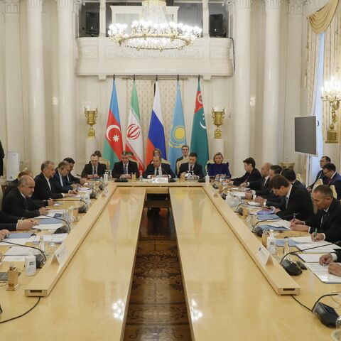 Russian Foreign Minister Sergei Lavrov chairs the annual meeting of the Caspian Sea littoral states foreign ministers, known as the Caspian Five, in Moscow, on Dec. 5, 2023. 