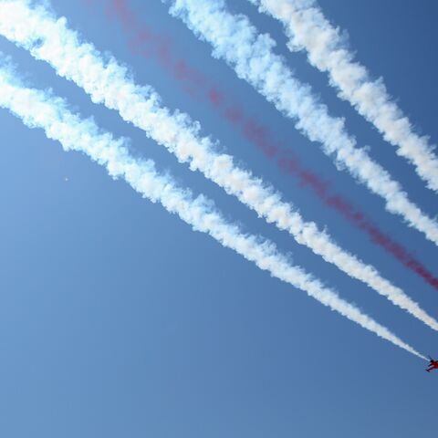 Turkish air force fighter jets fly over a parade during celebrations marking the 50th anniversary of Turkey's invasion of Cyprus on July 20, 2024, in occupied northern Nicosia, Cyprus.