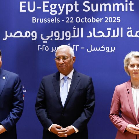 Egyptian President Abdel Fattah al-Sisi, European Council President Antonio Costa and European Commission President Ursula von der Leyen pose for pictures before the signature of joint statements and agreements during the EU-Egypt summit in Brussels, on Oct. 22, 2025. 