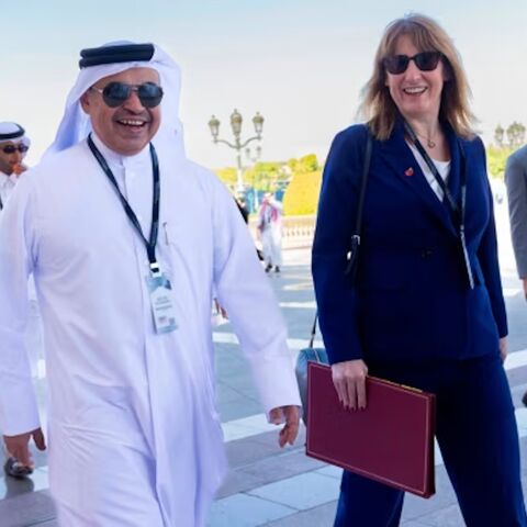 UK Chancellor Rachel Reeves, right, and Qatari Finance Minister Ali bin Ahmed al-Kuwari arrive at the Future Investment Initiative in Riyadh, Saudi Arabia, on Oct. 28, 2025. 