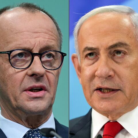 (COMBO) This combination created on February 24, 2025 of file pictures shows the leader and top candidate for Chancellor of Germany's Christian Democratic Union (CDU) party Friedrich Merz (L, on February 24, 2025 in Berlin) and Israeli Prime Minister Benjamin Netanyahu (on December 9, 2024 in Jerusalem.. Friedrich Merz, who is expected to be Germany's next chancellor after his conservative CDU/CSU bloc won national elections, said on February 24, 2025 that he would make sure Benjamin Netanyahu "can visit" G