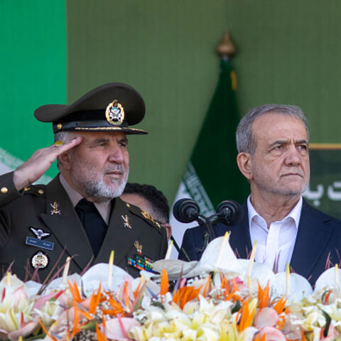  Iranian President Masoud Pezeshkian (R) makes a speech as he attends the National Army Day ceremony on April 18, 2025 in Tehran, Iran. The country held its annual 'Army Day' parade in Tehran, which included an address by current President Masoud Pezeshkian. (Photo by Majid Saeedi/Getty Images)
