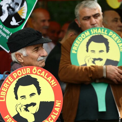 People take part in a demonstration to call for the liberation of Kurdistan Workers Party (PKK) leader Abdullah Ocalan outside the European Council in Strasbourg, eastern France, on Sept. 15, 2025.