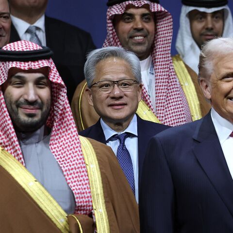 US President Donald Trump and Crown Prince and Prime Minister Mohammed bin Salman of Saudi Arabia stand for a photo.