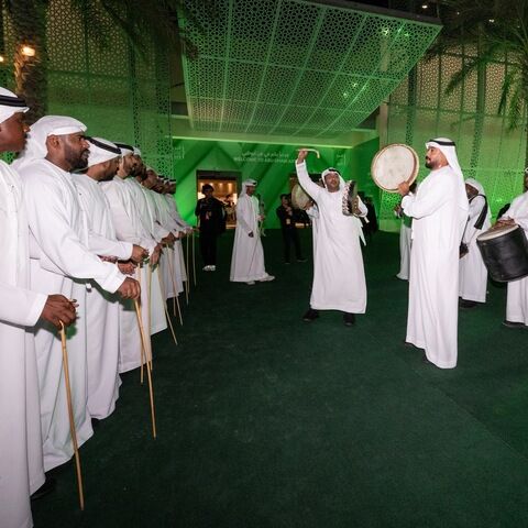Traditional Emirati dancers and musicians for the opening night of Abu Dhabi Art.