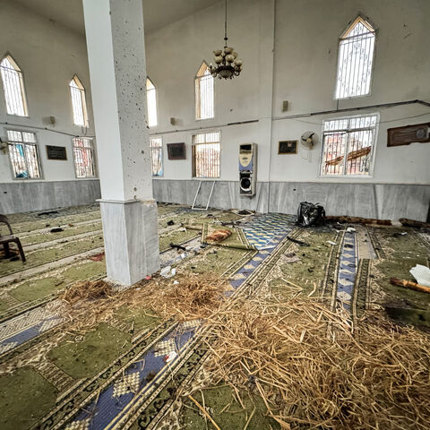 A view shows an interior of a damaged mosque after several people were killed in an explosion at a mosque of the Alawite minority sect, as a Syrian Arab News Agency (SANA) said, in Homs, Syria December 26, 2025. REUTERS/Ali Ahmed al-Najjar