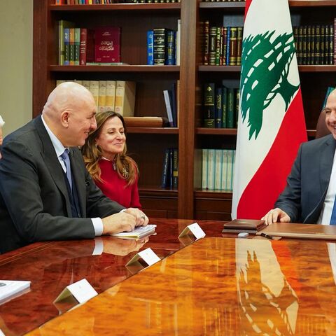 Italian Defense Minister Guido Crosetto (Middle-L) meets with Lebanese President Joseph Aoun (R) in Beirut at Baabda Palace, on Dec. 22, 2025.