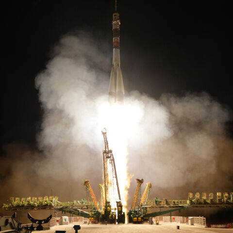 The Soyuz MS-15 rocket carrying three crew members of the International Space Station (ISS) blasts off to the ISS from the launch pad of the Russian-leased Baikonur cosmodrome in Kazakhstan on Sept. 25, 2019. 