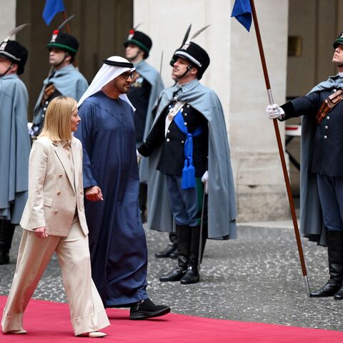 Italy's Prime Minister Giorgia Meloni (C/L) welcomes President of the United Arab Emirates Sheikh Mohamed bin Zayed Al Nahyan at The Chigi Palace in Rome, on Feb. 24, 2025.