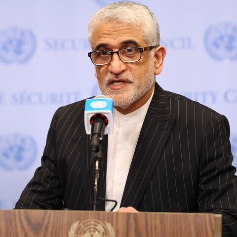 Ambassador Amir Saeid Iravani, permanent representative of Iran to the UN, gives a statement after a UN Security Council meeting on June 13, 2025, in New York City.