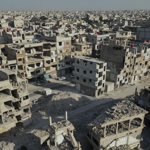 An aerial view shows the destruction across Yarmouk camp, Damascus, Syria, on Nov. 8, 2025.