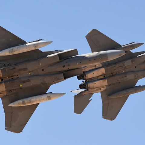 Saudi Air Force advanced F-15SA fighter jets perform during a ceremony in Riyadh on Jan. 25, 2017.