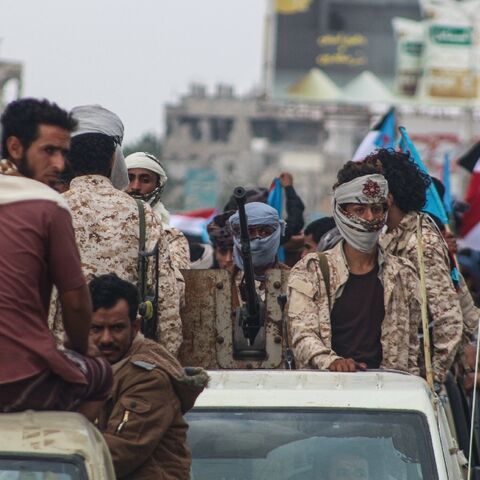 Members of the Sabahiha tribes of Lahj gather during a rally to show their support for the UAE-backed Southern Transitional Council in  Aden on December 14