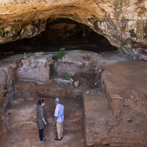 Archaeologists at the entrance of the Contrebandiers (Smugglers) Cave, some 12 miles from the Moroccan capital, Rabat, Sept. 18, 2021.