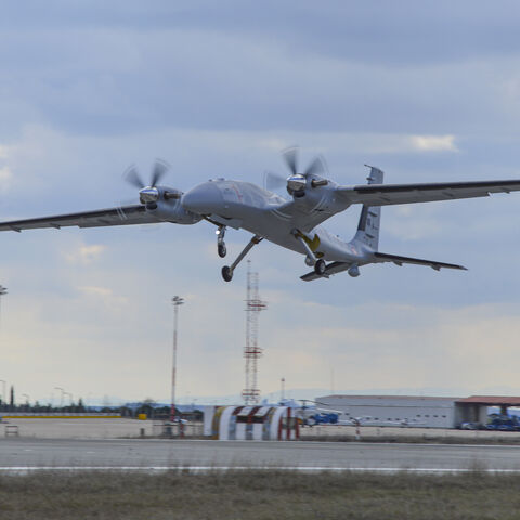 A B model of Bayraktar AKINCI TİHA (Assault Unmanned Aerial Vehicle) in the sky on March 2, 2022 in Corlu, Turkey.