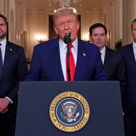 US President Donald Trump addresses the nation, alongside US Vice President JD Vance (L), US Secretary of State Marco Rubio (2nd R), and US Secretary of Defense Pete Hegseth (R), from the White House in Washington, on June 21, 2025, following the announcement that the US bombed nuclear sites in Iran.