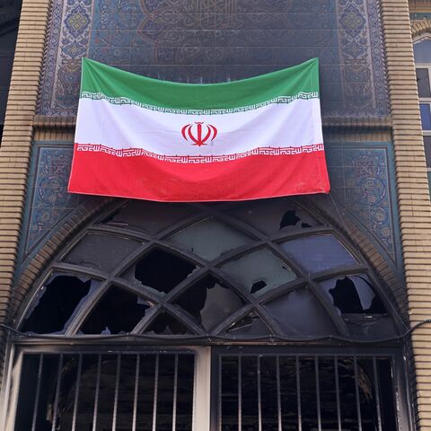 This photograph shows an Iranian national flag installed on the Beheshti Mosque that was damaged during recent public protests, in Tehran on Jan. 21, 2026. 