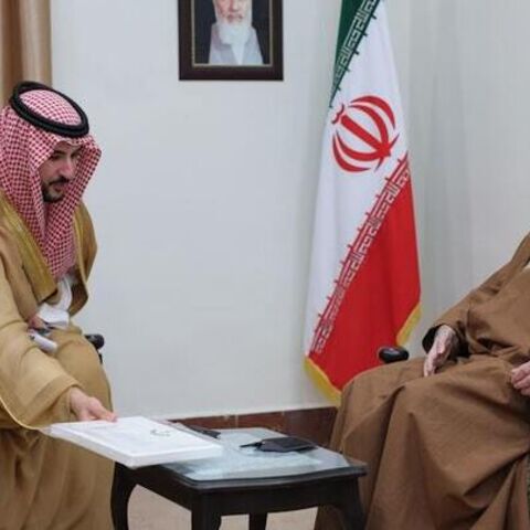 Saudi Arabia’s defense minister, Prince Khalid bin Salman (L), meets with Iranian Supreme Leader Ali Khamenei in Tehran in March 2025.