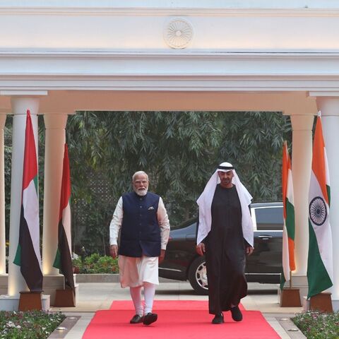 UAE President Sheikh Mohamed bin Zayed Al Nahyan walks with Indian Prime Minister Narendra Modi while on an official visit in New Delhi, India, on Jan. 19, 2026. 