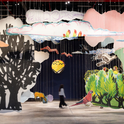 In “Interludes and Transitions,” Diriyah Contemporary Art Biennale 2026, installation view of Petrit Halilaj’s “Very volcanic over this green feather” (2021). (Photo by Alessandro Brasile, courtesy of the Diriyah Biennale Foundation)