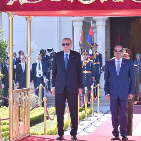 Turkish President Recep Tayyip Erdogan stand with Egyptian President Abdel Fattah al-Sisi in Cairo, Feb. 4, 2026.