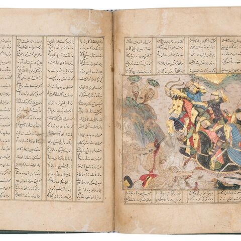 A manuscript illustration depicting Iskandar fighting the tribes of Gog and Magog during the “Empire of Light: Visions and Voices of Afghanistan” exhibition at the Museum of Islamic Art in Doha. (Photo courtesy of the Museum of Islamic Art)