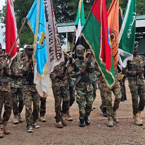 Sudanese army soldiers parade in the streets of eastern Sudan's city of Gedaref on Aug. 14, 2025, to mark the 71st anniversary of the formation of the Sudanese army. 