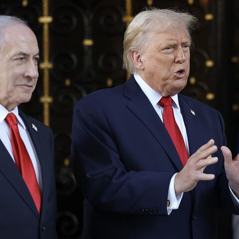 US President Donald Trump welcomes Israeli Prime Minister Benjamin Netanyahu to his Mar-a-Lago club on Dec. 29, 2025, in Palm Beach, Florida. 