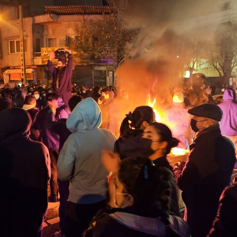 Fires are lit as protesters rally on Jan. 8, 2026 in Tehran, Iran. 
