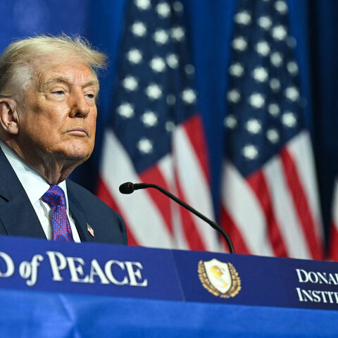 US President Donald Trump attends the inaugural meeting of the "Board of Peace" at the US Institute of Peace in Washington, DC, on Feb. 19, 2026. 