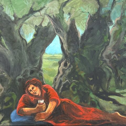 Mohammed al-Hawajri. “Tea Under the Shade of Olive Trees” (2025). Acrylic on canvas. 270 × 170 cm. (Photo courtesy of the artist)