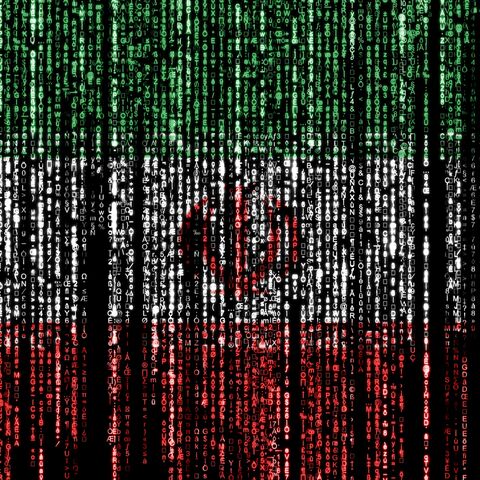 Flag of Iran on a computer binary codes falling from the top and fading away.