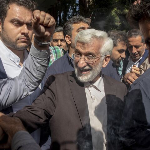 Saeed Jalili, the radical presidential candidate of Iran, among supporters at Shahada airport on July 2, 2024.