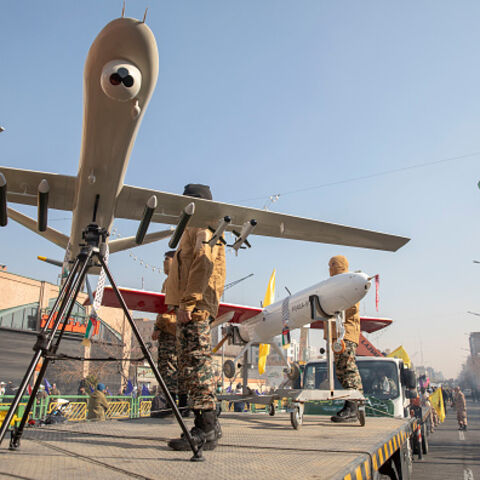 TEHRAN, IRAN - JANUARY 10: Iranian Basij militia members display their drones during military manoeuvres on January 10, 2025 in Tehran, Iran. The Islamic Revolutionary Guard Corps (IRGC) and the Basij, a militia group that has played a prominent role in suppressing protests, held military manoeuvres in the Iranian capital. (Photo by Majid Saeedi/Getty Images)