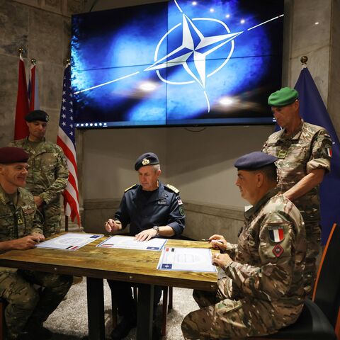 A handing over of command ceremony at Union III Camp in the Green Zone of the Iraqi capital, Baghdad, on May 22, 2025. 