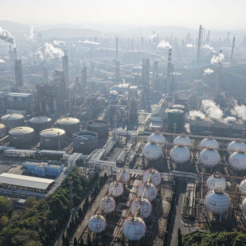 An aerial view shows a petrochemical plant in operation by the Yangtze River in Nanjing, in eastern China's Jiangsu province November 26, 2025. (Photo by CN-STR / AFP via Getty Images) / China OUT