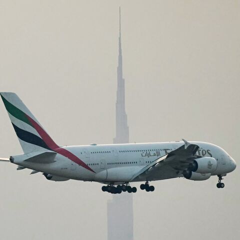 An Emirates Airbus A380 passenger aircraft prepares for landing at Dubai International Airport in Dubai on March 8, 2026.