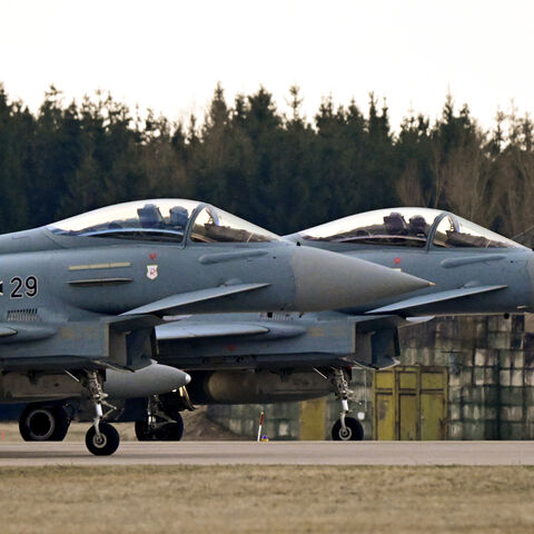 Two Typhoon Eurofighter jets of the Quick Reaction Alert (QRA) of the German air force (Luftwaffe) take off for training during a media day at the military Laage Air Base, northeastern Germany, on March 11, 2026. 