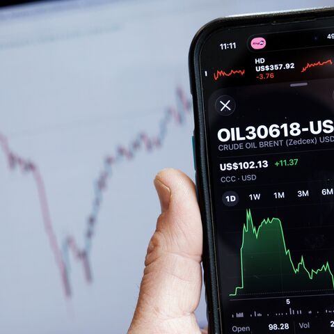In this photo illustration, a smartphone displays the crude oil price in USD after markets in the UK opened on March 9, 2026, in London, England. 