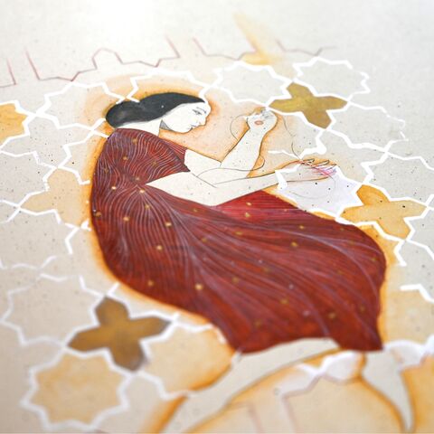 Eves 1. 2026. Japanese gouache, ink, gold, on handmade wasli paper. (Courtesy of the artist)
