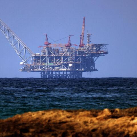 A view of the platform of the Leviathan natural gas field in the Mediterranean Sea is pictured from the Israeli northern coastal beach of Nasholim, on Aug. 29, 2022. 