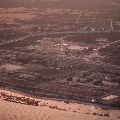 Turkey's Camp TURKSOM, a Turkish military base south of Mogadishu, is seen from the window of an aircraft, on April 26, 2025, in Mogadishu, Somalia. 