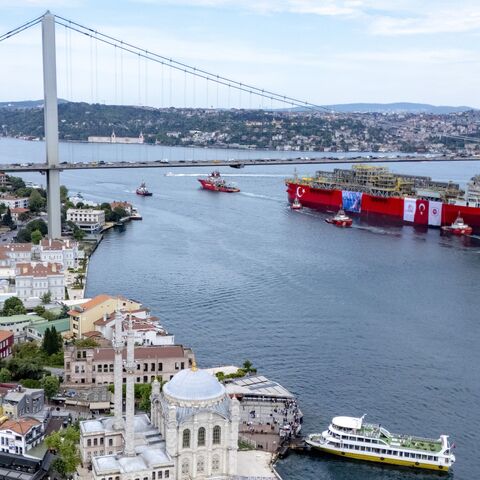 This aerial photograph shows Turkey's first floating natural gas production platform, "Osman Gazi," passing through the Bosphorus, in Istanbul, on May 29, 2025.