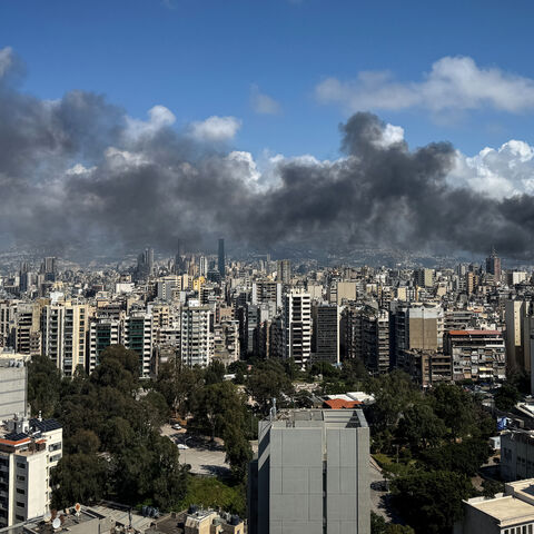 TOPSHOT - Smoke rises from the site of an Israeli strike that targeted an area in Beirut on April 8, 2026. Israel launched a series of strikes on Beirut on April 8, the most violent attack on the Lebanese capital since the start of war. The strikes came as Iran-backed armed group Hezbollah, which drew Lebanon into the Middle East war by attacking Israel on March 2, claimed it was close to a "historic victory". (Photo by Dylan COLLINS / AFP via Getty Images) /