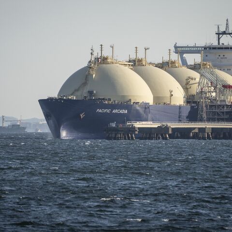 A liquefied natural gas (LNG) tanker is moored at a LNG berth in Kawasaki, Kanagawa, prefecture April 8, 2026.