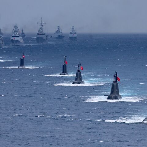 Turkey's submarines and fast-attack craft ships participate in the live-fire phase of the Blue Homeland-2026 (Mavi Vatan) tactical military exercises in the eastern Mediterranean Sea, in Antalya on April 9, 2026.