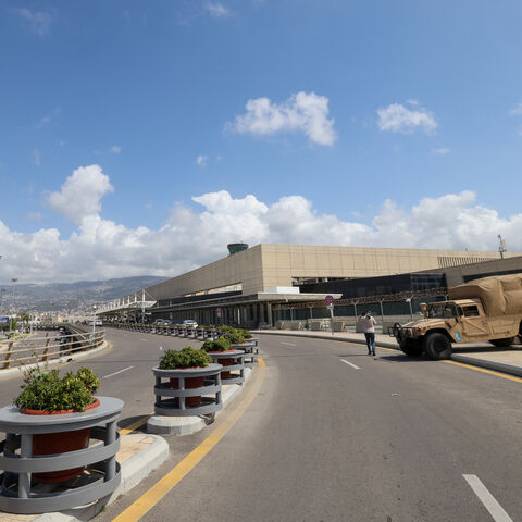 A Lebanese army vehicle is parked at the departures area of Beirut's Rafik Hariri airport on April 10, 2026. Israel's military on April 9 warned residents of Beirut's southern suburbs, long a stronghold of Lebanese militant group Hezbollah, of imminent strikes and called for them to evacuate. While Israel regularly issues evacuation warnings before bombing the southern suburbs, the announcement also included the outskirts of Lebanon's only international airport. (Photo by Anwar AMRO / AFP via Getty Images)