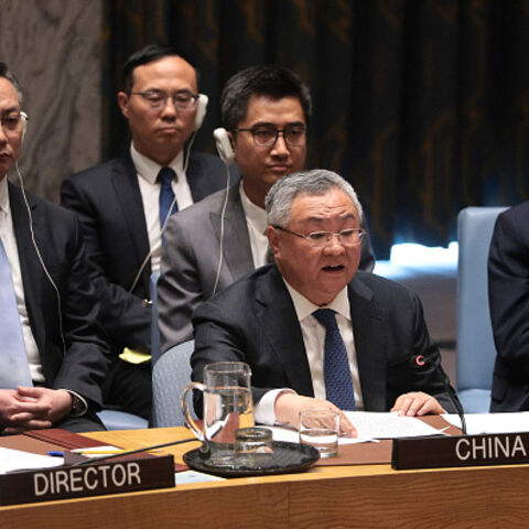 Fu Cong, China's permanent representative to the UN, speaks during a UN Security Council meeting regarding the situation in the Middle East on April 7, 2026, in New York City. A vote on a resolution in the Security Council introduced by Bahrain focusing on reopening the Strait of Hormuz failed after opposition from Russia and China. (Photo by Michael M. Santiago/Getty Images)