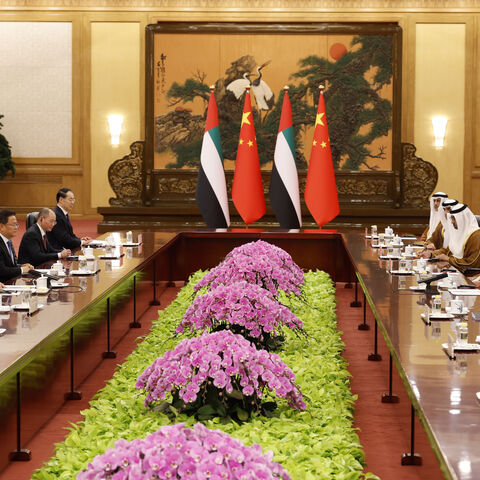 : China's President Xi Jinping (2nd L) and Sheikh Khaled bin Mohamed bin Zayed Al Nahyan, Crown Prince of Abu Dhabi, United Arab Emirates (3rd R), attend a meeting at the Great Hall of the People on April 14, 2026 in Beijing, China. (Photo by Haruna Furuhashi - Pool/Getty Images)